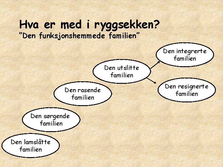 Hva er med i ryggsekken? ”Den funksjonshemmede familien” Den integrerte familien Den utslitte familien