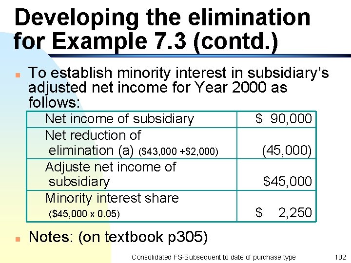 Developing the elimination for Example 7. 3 (contd. ) n To establish minority interest