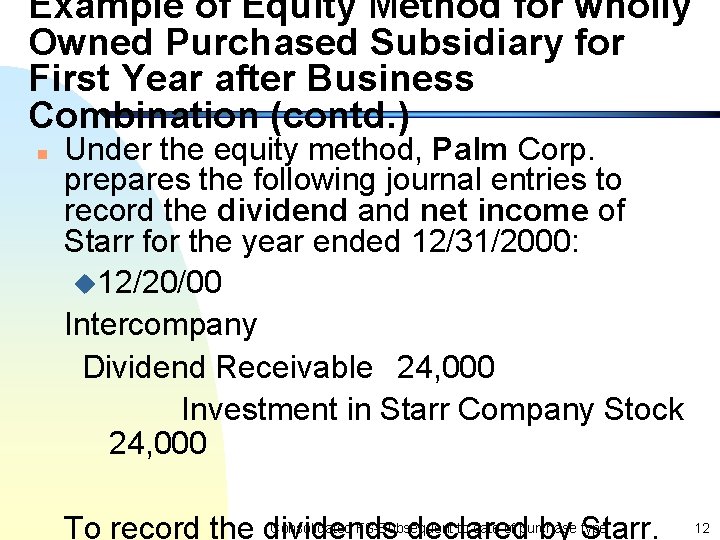 Example of Equity Method for wholly Owned Purchased Subsidiary for First Year after Business