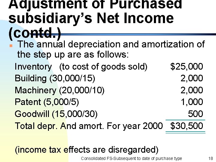 Adjustment of Purchased subsidiary’s Net Income (contd. ) n The annual depreciation and amortization