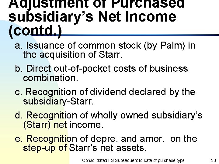 Adjustment of Purchased subsidiary’s Net Income (contd. ) a. Issuance of common stock (by