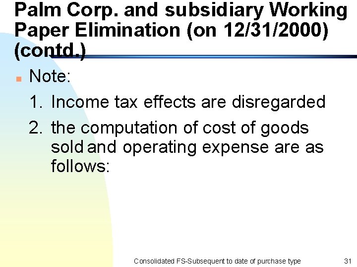 Palm Corp. and subsidiary Working Paper Elimination (on 12/31/2000) (contd. ) n Note: 1.