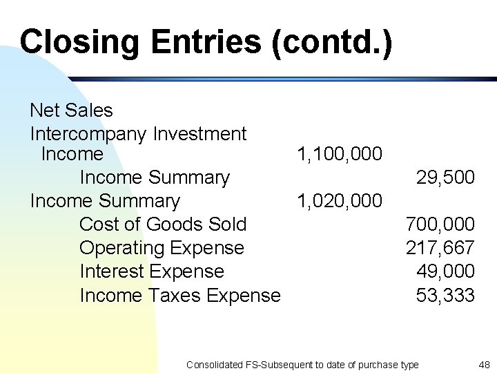 Closing Entries (contd. ) Net Sales Intercompany Investment Income 1, 100, 000 Income Summary