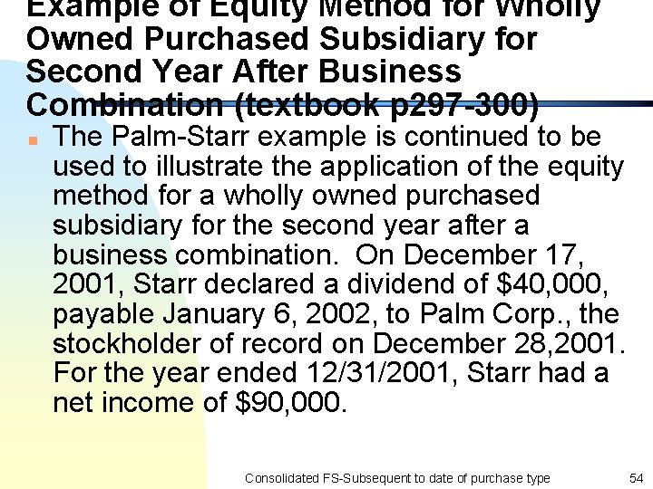 Example of Equity Method for Wholly Owned Purchased Subsidiary for Second Year After Business