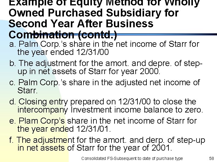 Example of Equity Method for Wholly Owned Purchased Subsidiary for Second Year After Business