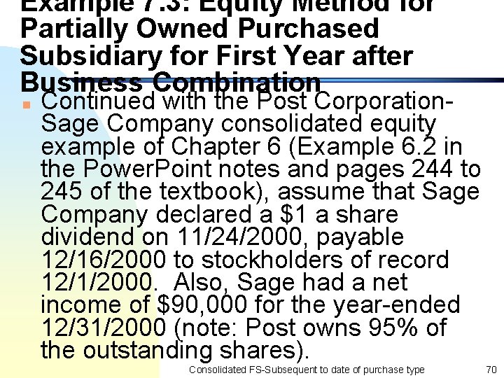 Example 7. 3: Equity Method for Partially Owned Purchased Subsidiary for First Year after