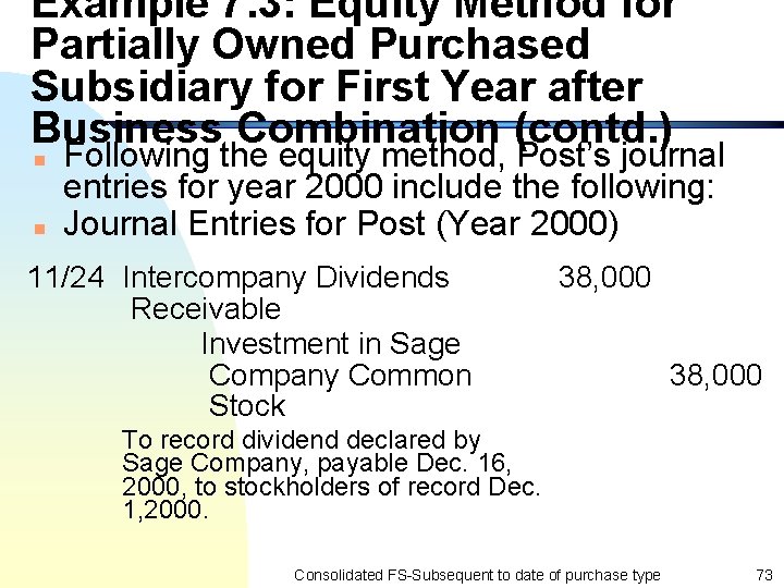 Example 7. 3: Equity Method for Partially Owned Purchased Subsidiary for First Year after