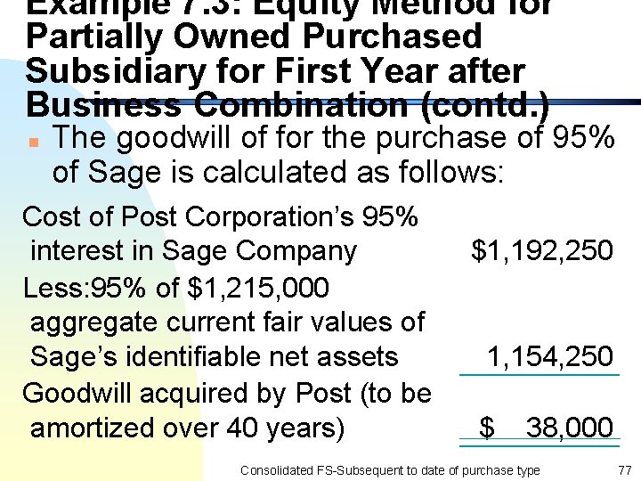 Example 7. 3: Equity Method for Partially Owned Purchased Subsidiary for First Year after