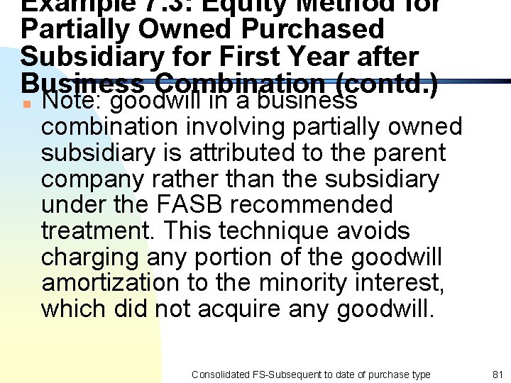 Example 7. 3: Equity Method for Partially Owned Purchased Subsidiary for First Year after