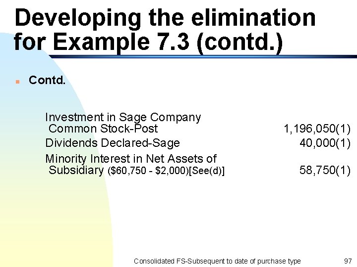 Developing the elimination for Example 7. 3 (contd. ) n Contd. Investment in Sage