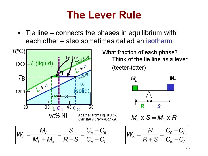 The Lever Rule • Tie line – connects the phases in equilibrium with each