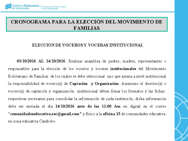 CRONOGRAMA PARA LA ELECCIÓN DEL MOVIMIENTO DE FAMILIAS ELECCIÓN DE VOCEROS Y VOCERAS INSTITUCIONAL