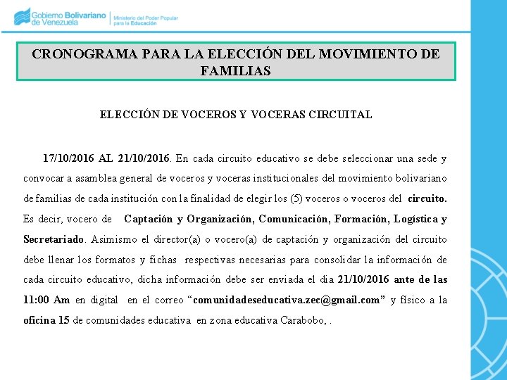CRONOGRAMA PARA LA ELECCIÓN DEL MOVIMIENTO DE FAMILIAS ELECCIÓN DE VOCEROS Y VOCERAS CIRCUITAL