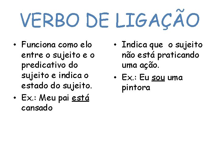 VERBO DE LIGAÇÃO • Funciona como elo entre o sujeito e o predicativo do VERBO DE LIGAÇÃO • Funciona como elo entre o sujeito e o predicativo do