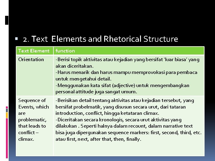  2. Text Elements and Rhetorical Structure Text Element function Orientation -Berisi topik aktivitas