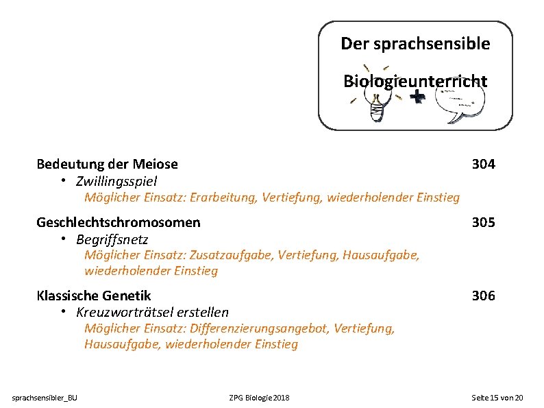 Der sprachsensible Biologieunterricht Bedeutung der Meiose • Zwillingsspiel 304 Geschlechtschromosomen • Begriffsnetz 305 Klassische