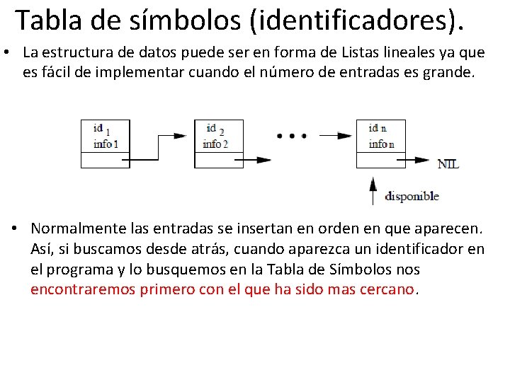 Tabla de símbolos (identificadores). • La estructura de datos puede ser en forma de