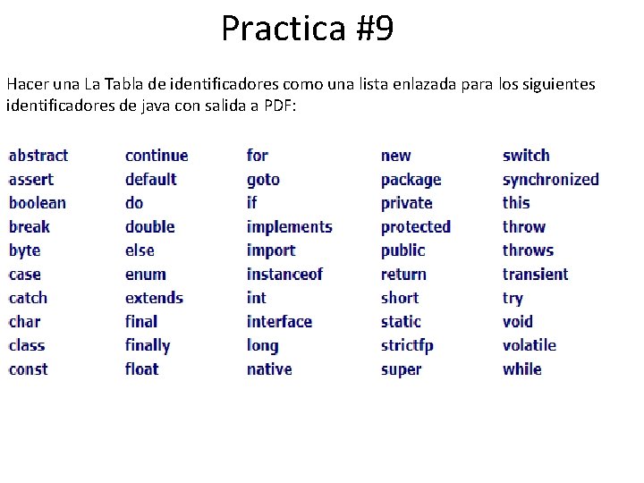 Practica #9 Hacer una La Tabla de identificadores como una lista enlazada para los