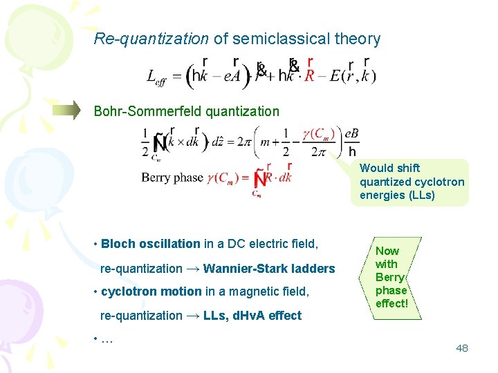 Re-quantization of semiclassical theory Bohr-Sommerfeld quantization Would shift quantized cyclotron energies (LLs) • Bloch