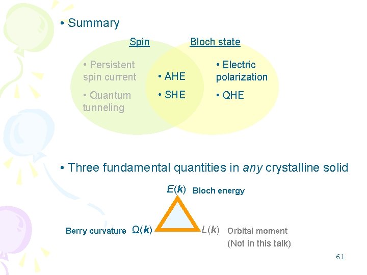  • Summary Spin • Persistent spin current • Quantum tunneling Bloch state •