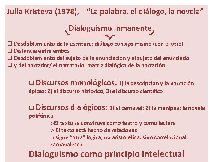 Julia Kristeva (1978), “La palabra, el diálogo, la novela” Dialoguismo inmanente q Desdoblamiento de