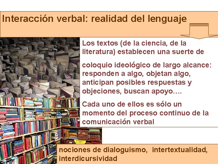 Interacción verbal: realidad del lenguaje Los textos (de la ciencia, de la literatura) establecen