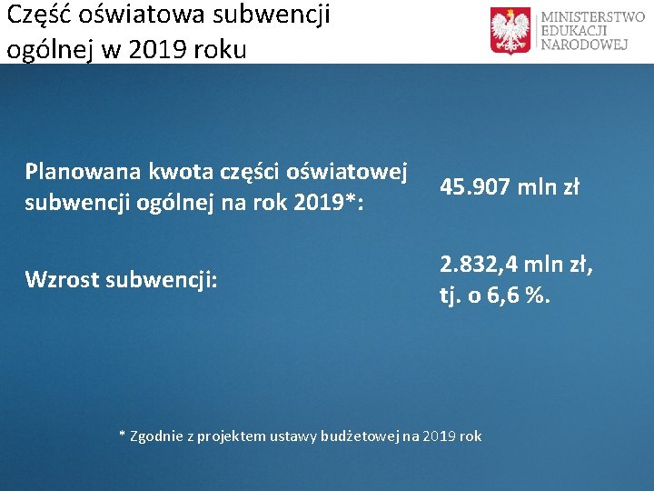 Część oświatowa subwencji ogólnej w 2019 roku Planowana kwota części oświatowej subwencji ogólnej na