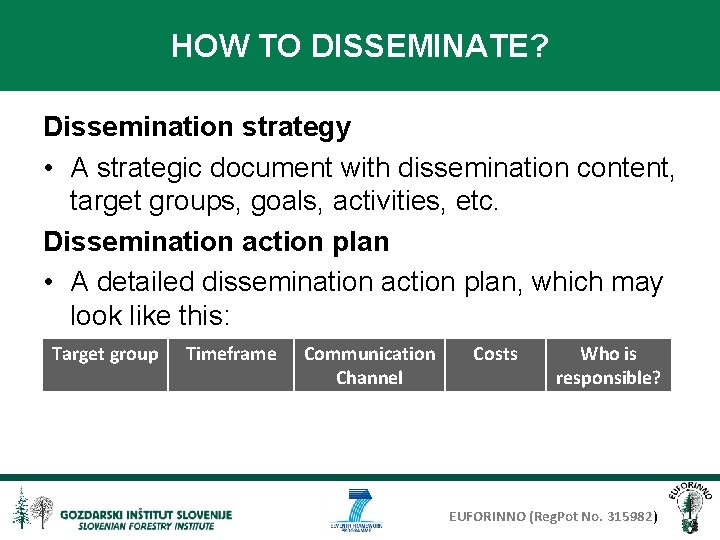 HOW TO DISSEMINATE? Dissemination strategy • A strategic document with dissemination content, target groups,