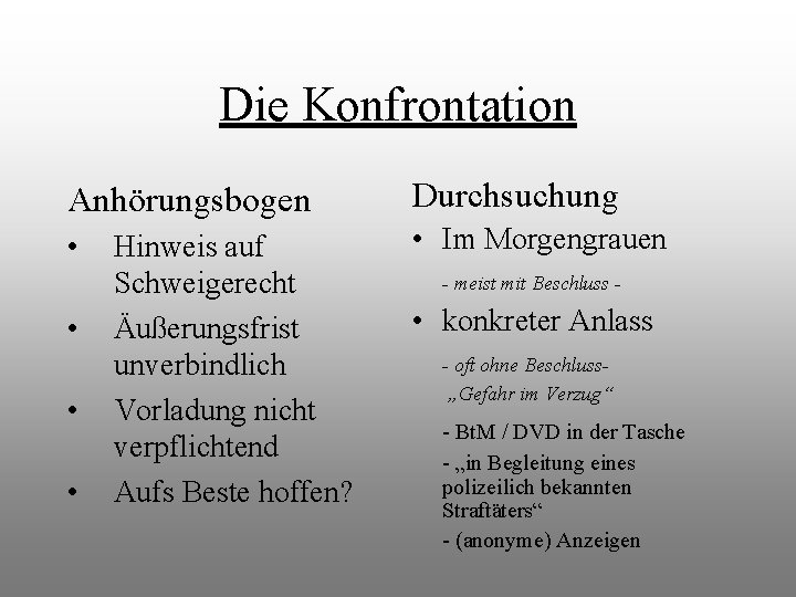 Die Konfrontation Anhörungsbogen Durchsuchung • • Im Morgengrauen • • • Hinweis auf Schweigerecht