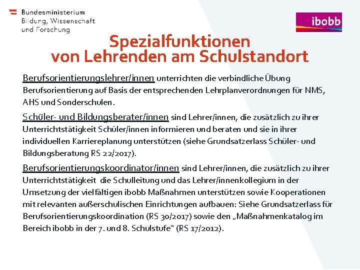 Spezialfunktionen von Lehrenden am Schulstandort Berufsorientierungslehrer/innen unterrichten die verbindliche Übung Berufsorientierung auf Basis der