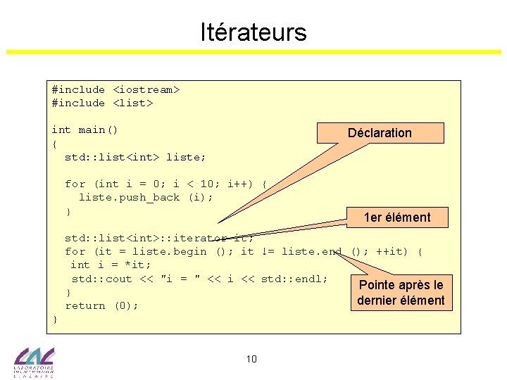 Itérateurs #include <iostream> #include <list> int main() { std: : list<int> liste; Déclaration for