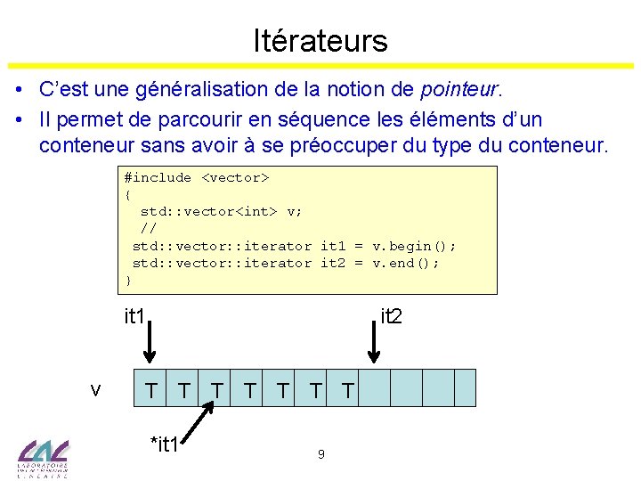 Itérateurs • C’est une généralisation de la notion de pointeur. • Il permet de