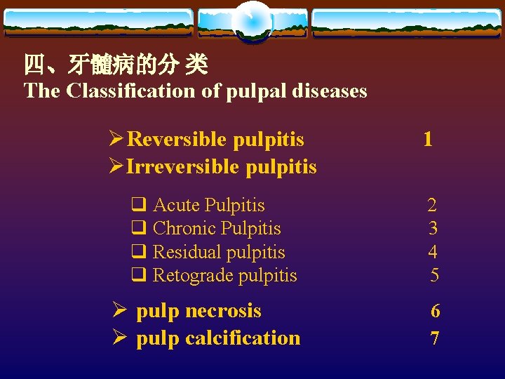 四、牙髓病的分 类 The Classification of pulpal diseases ØReversible pulpitis ØIrreversible pulpitis 1 q Acute