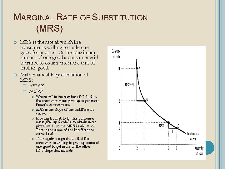 MARGINAL RATE OF SUBSTITUTION (MRS) MRS is the rate at which the consumer is