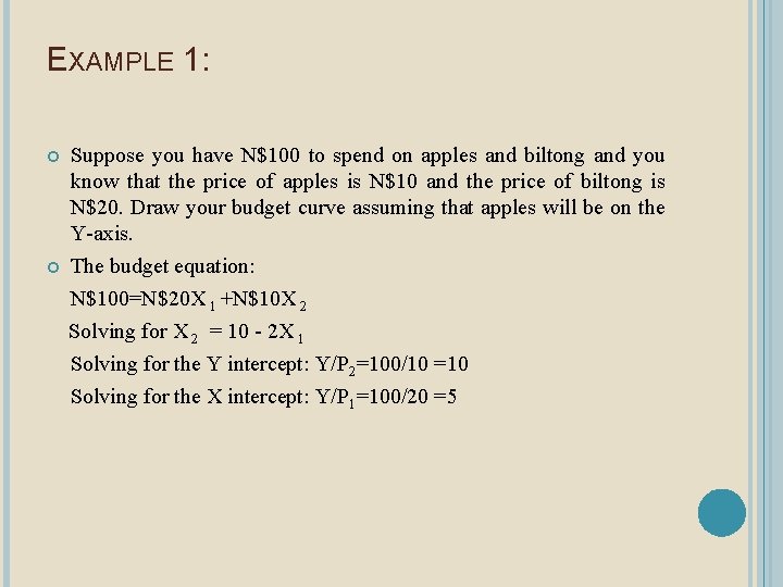 EXAMPLE 1: Suppose you have N$100 to spend on apples and biltong and you