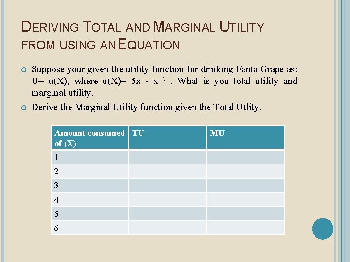 DERIVING TOTAL AND MARGINAL UTILITY FROM USING AN EQUATION Suppose your given the utility