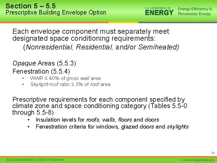Section 5 – 5. 5 Prescriptive Building Envelope Option Each envelope component must separately