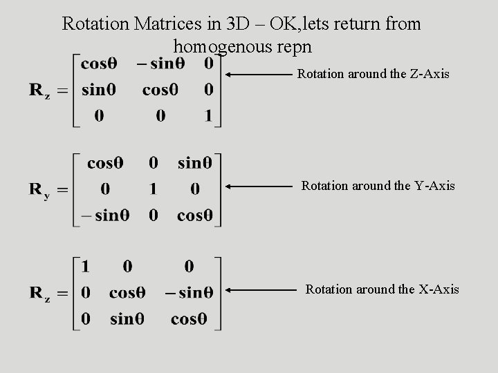 Rotation Matrices in 3 D – OK, lets return from homogenous repn Rotation around
