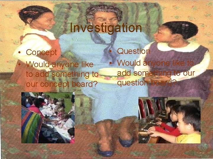 Investigation • Concept • Would anyone like to add something to our concept board?