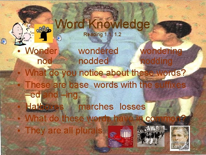 Word Knowledge Reading 1. 1, 1. 2 • Wonder wondered wondering nodded nodding •