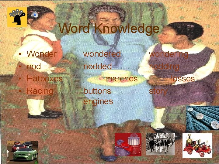 Word Knowledge • • Wonder nod Hatboxes Racing wondered nodded marches buttons engines wondering