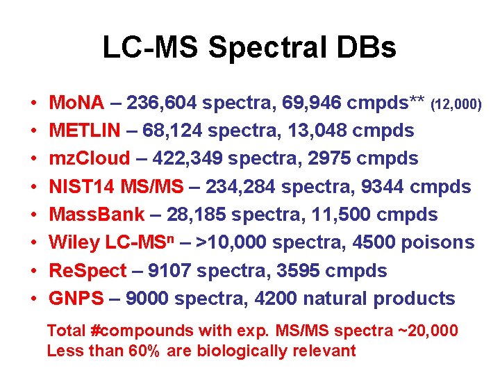 LC-MS Spectral DBs • • Mo. NA – 236, 604 spectra, 69, 946 cmpds**
