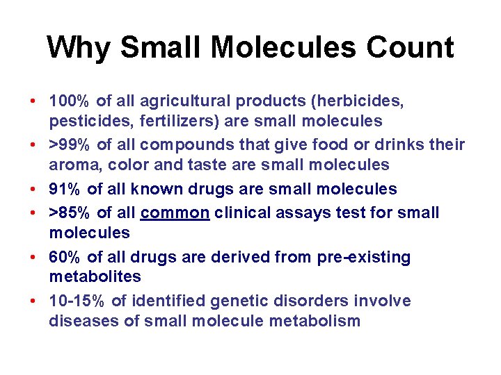 Why Small Molecules Count • 100% of all agricultural products (herbicides, pesticides, fertilizers) are