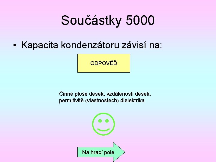 Součástky 5000 • Kapacita kondenzátoru závisí na: ODPOVĚĎ Činné ploše desek, vzdálenosti desek, permitivitě