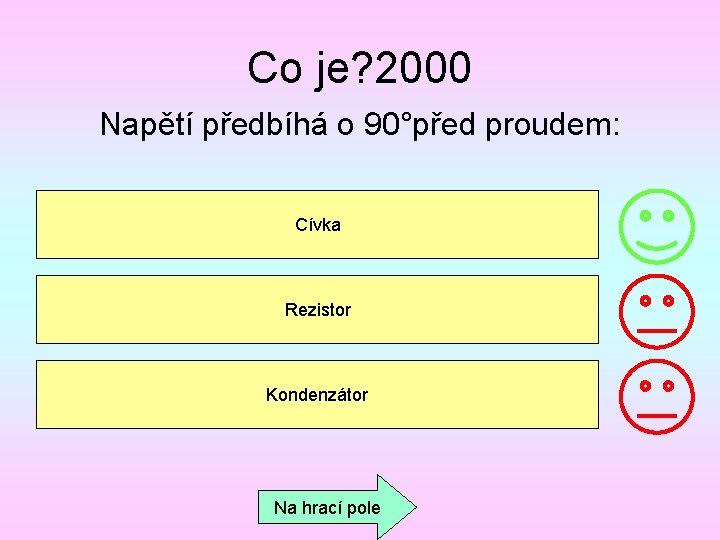 Co je? 2000 Napětí předbíhá o 90°před proudem: Cívka Rezistor Kondenzátor Na hrací pole