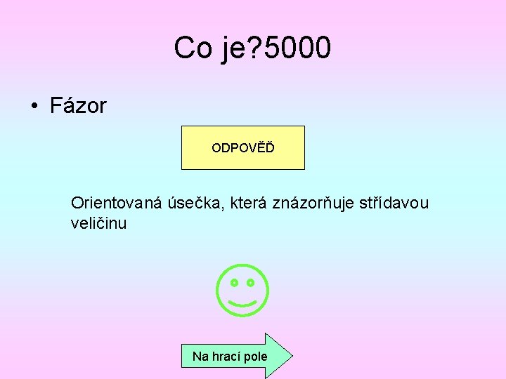 Co je? 5000 • Fázor ODPOVĚĎ Orientovaná úsečka, která znázorňuje střídavou veličinu Na hrací