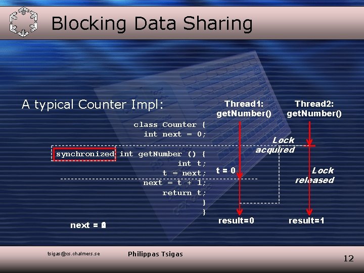 Blocking Data Sharing A typical Counter Impl: Thread 1: get. Number() class Counter {