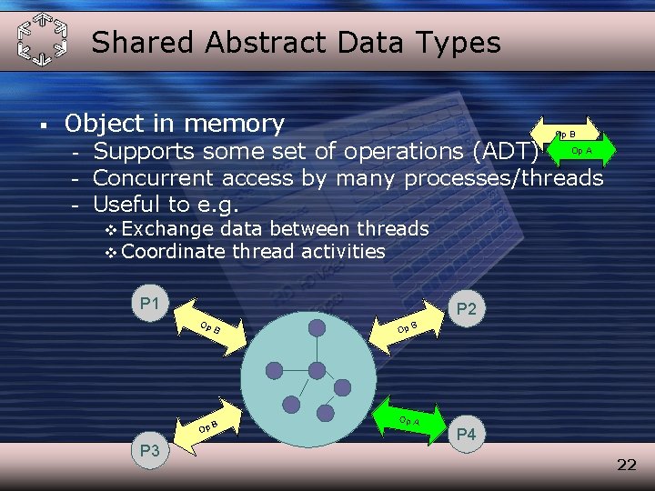 Shared Abstract Data Types § Object in memory Op B - Supports some set