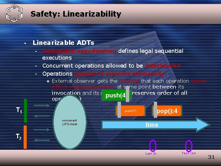 Safety: Linearizability § Linearizable ADTs - Sequential specification defines legal sequential executions - Concurrent