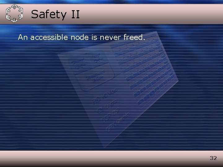Safety II An accessible node is never freed. 32 